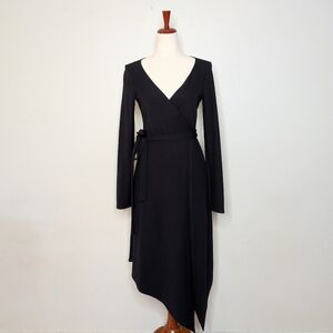 Vintage 1980'S Donna Karan Black Wool Knit Belted Wrap Dress Size 6